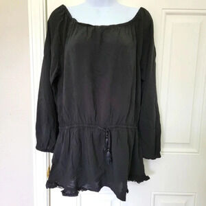 Victorias Secret Black 3/4 Sleeve Boat Neck Peplum Pom Pom Hem Blouse Size M